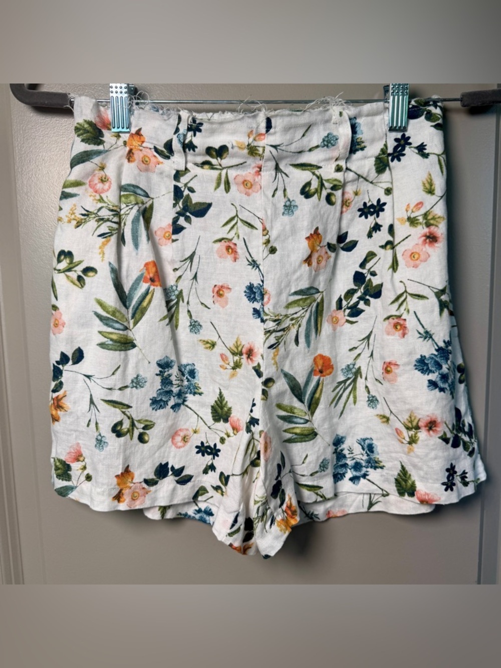 Saks Fifth Avenue Linen High Rise Floral Shorts | Sz XS | White Botanical Print